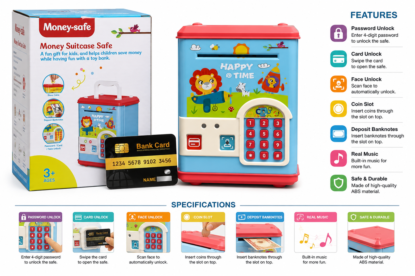 Happy Time Money Safe with Face, Card and Password Unlock
