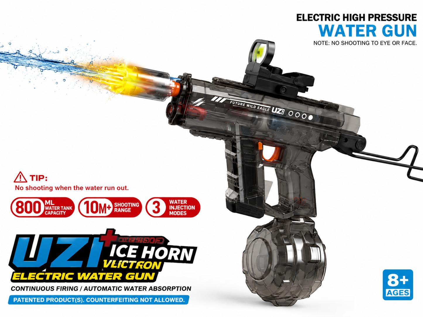 Premium Electric UZI Water Gun with 800ML Tank